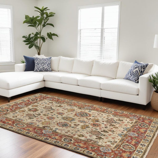 HomeRoots 4' Wool Floral Hand-Knotted Area Rug in Red and Ivory - Timeless Charm for Any Room's Décor 9' X 12' 512655