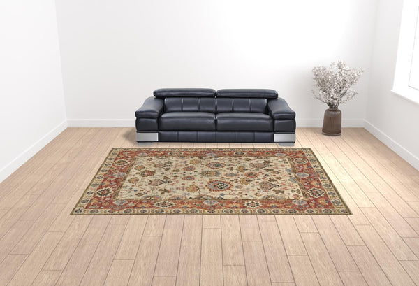 HomeRoots 4' Wool Floral Hand-Knotted Area Rug in Red and Ivory - Timeless Charm for Any Room's Décor 10' X 13' 512656