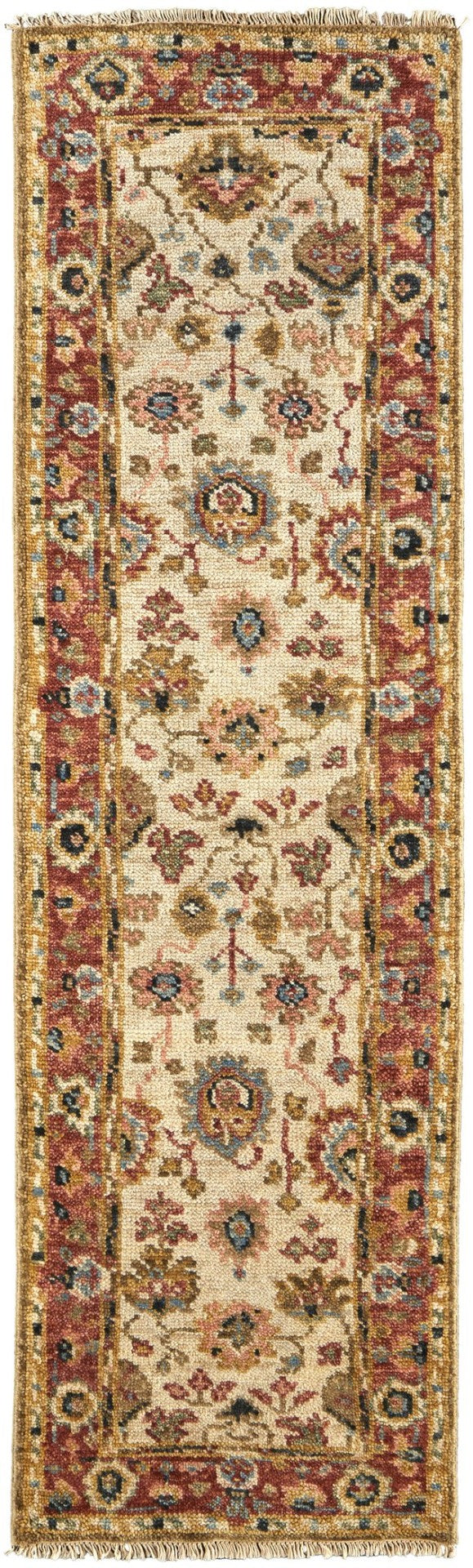 HomeRoots 4' Wool Floral Hand-Knotted Area Rug in Red and Ivory - Timeless Charm for Any Room's Décor 8' Runner 512657