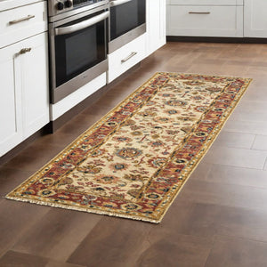 HomeRoots 4' Wool Floral Hand-Knotted Area Rug in Red and Ivory - Timeless Charm for Any Room's Décor 8' Runner 512657