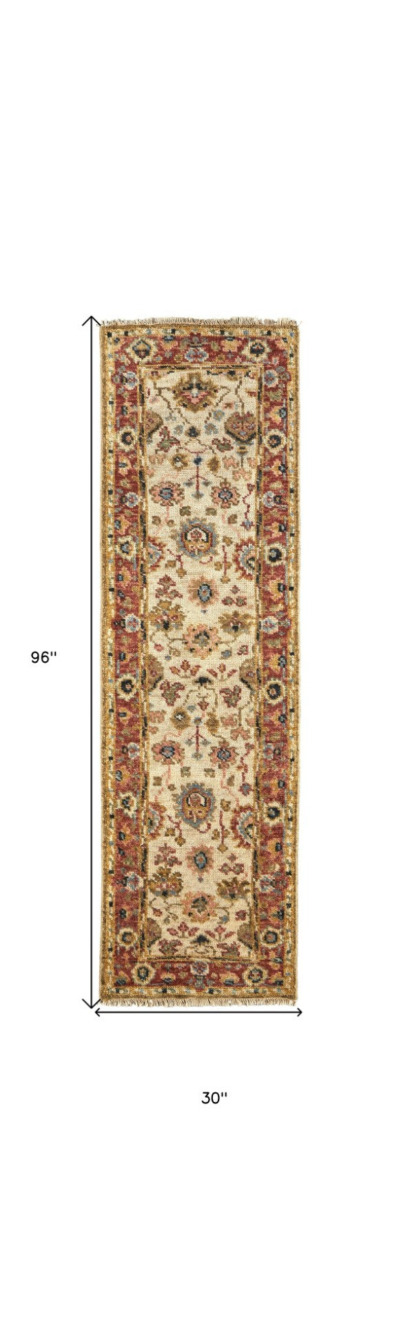 HomeRoots 4' Wool Floral Hand-Knotted Area Rug in Red and Ivory - Timeless Charm for Any Room's Décor 8' Runner 512657