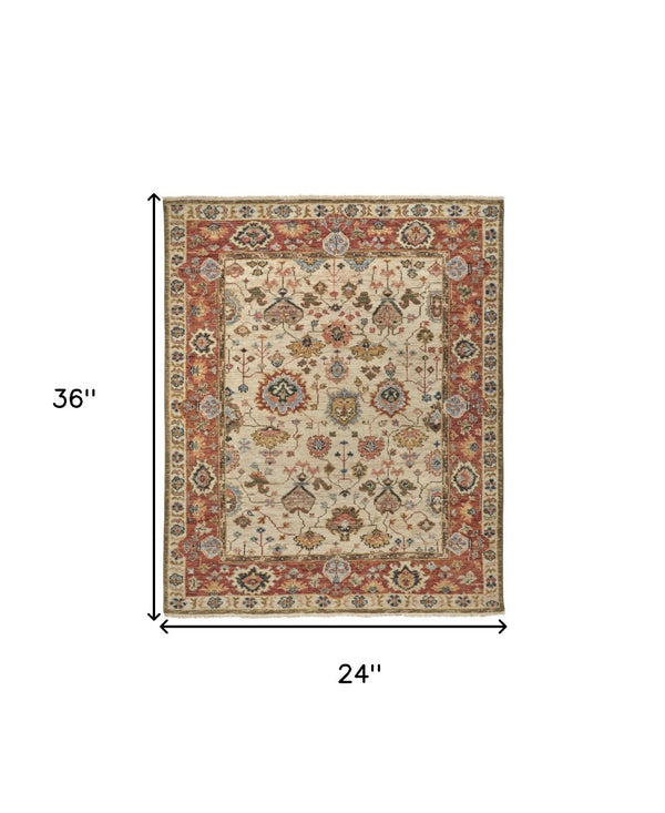 HomeRoots 4' Wool Floral Hand-Knotted Area Rug in Red and Ivory - Timeless Charm for Any Room's Décor 2' X 3' 512659