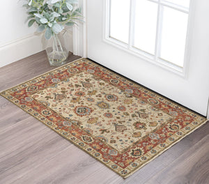 HomeRoots 4' Wool Floral Hand-Knotted Area Rug in Red and Ivory - Timeless Charm for Any Room's Décor 2' X 3' 512659