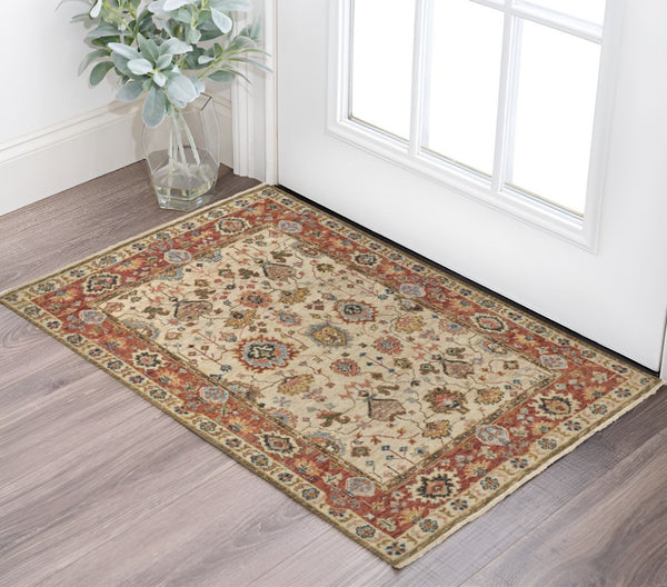 HomeRoots 4' Wool Floral Hand-Knotted Area Rug in Red and Ivory - Timeless Charm for Any Room's Décor 2' X 3' 512659