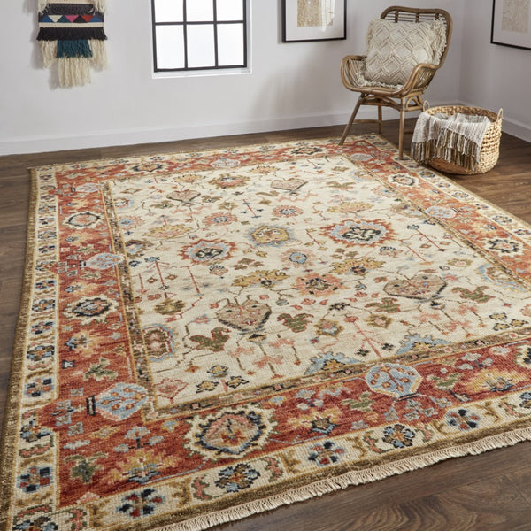 HomeRoots 4' Wool Floral Hand-Knotted Area Rug in Red and Ivory - Timeless Charm for Any Room's Décor 2' X 3' 512659
