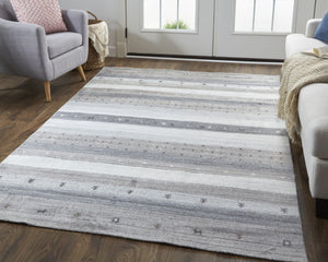 HomeRoots 4' Hand-Knotted Wool Striped Area Rug in Gray, Silver, and Black – Stain-Resistant, Durable Design 4' X 6' 512670