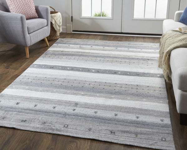 HomeRoots 4' Hand-Knotted Wool Striped Area Rug in Gray, Silver, and Black – Stain-Resistant, Durable Design 4' X 6' 512670