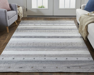 HomeRoots 4' Hand-Knotted Wool Striped Area Rug in Gray, Silver, and Black – Stain-Resistant, Durable Design 4' X 6' 512670