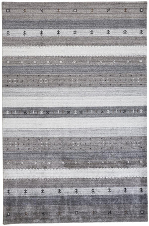 HomeRoots 4' Hand-Knotted Wool Striped Area Rug in Gray, Silver, and Black – Stain-Resistant, Durable Design 5' X 8' 512671