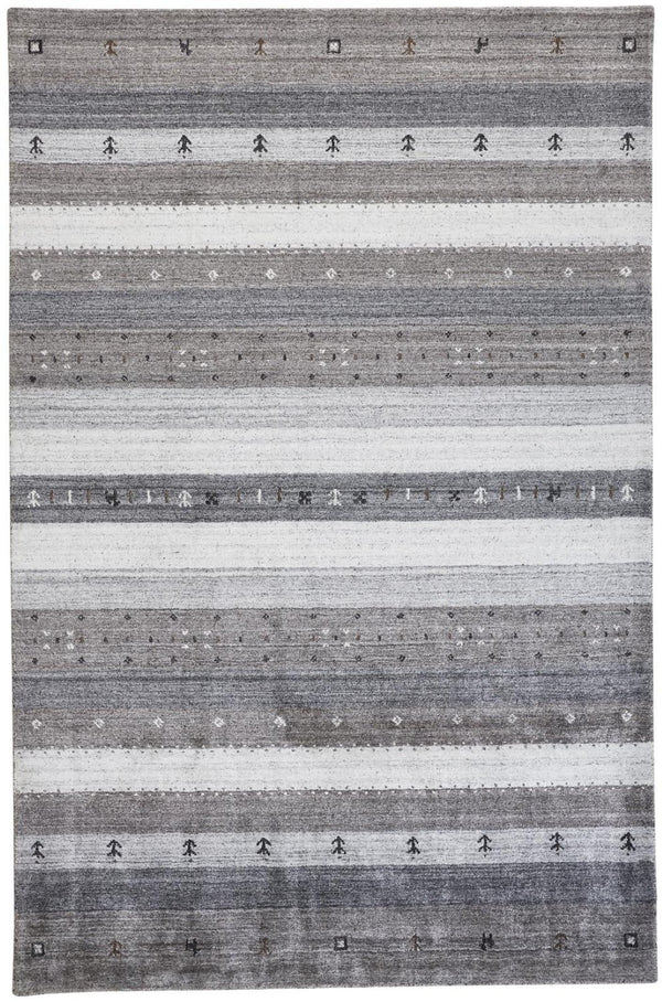 HomeRoots 4' Hand-Knotted Wool Striped Area Rug in Gray, Silver, and Black – Stain-Resistant, Durable Design 5' X 8' 512671