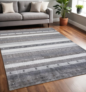 HomeRoots 4' Hand-Knotted Wool Striped Area Rug in Gray, Silver, and Black – Stain-Resistant, Durable Design 5' X 8' 512671