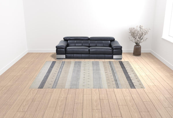 Homeroots 10' X 13' Ivory Tan And Gray Wool Striped Hand Knotted Stain Resistant Area Rug  Wool 512686