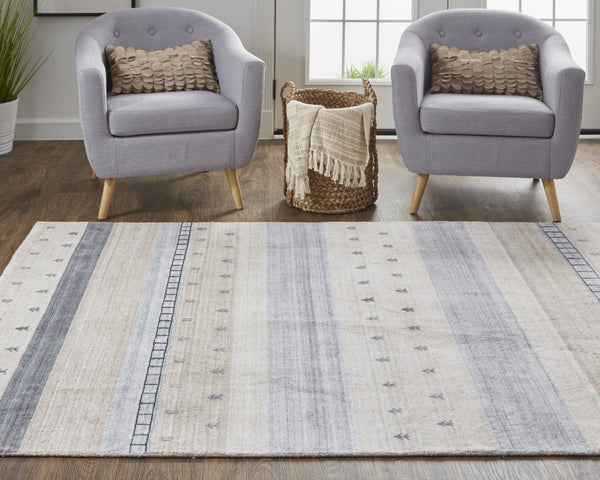 Homeroots 10' X 13' Ivory Tan And Gray Wool Striped Hand Knotted Stain Resistant Area Rug  Wool 512686
