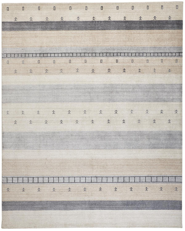 Homeroots 2' X 3' Ivory Tan And Gray Wool Striped Hand Knotted Stain Resistant Area Rug  Wool 512687