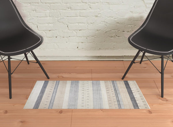 Homeroots 2' X 3' Ivory Tan And Gray Wool Striped Hand Knotted Stain Resistant Area Rug  Wool 512687
