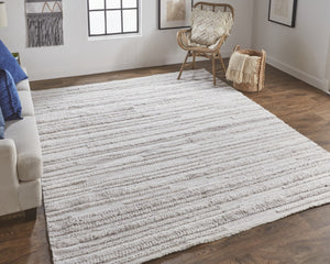 HomeRoots 10' Ivory and Gray Striped Shag Area Rug - Hand-Woven Luxury for Cozy Living Spaces, Durable & Stylish 10' X 14' 512698