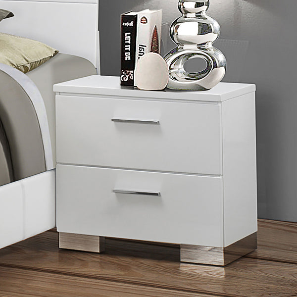 English Elm 2-drawer White High Gloss Nightstand with Chrome Handles & Base, Modern Luxe Storage for Bedrooms B016P254558