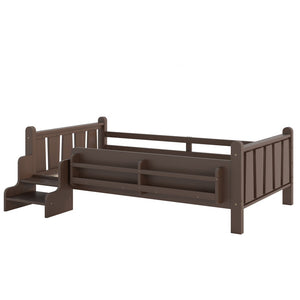 English Elm Twin Pine Floor Bed for Kids with Side Bookcases Built-in Stairs and Safety Guardrails Espresso W1580P390217