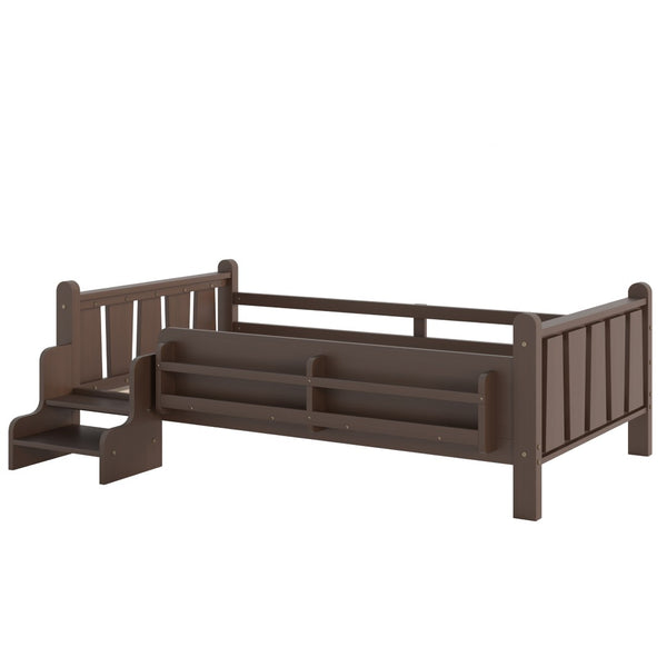 English Elm Twin Pine Floor Bed for Kids with Side Bookcases Built-in Stairs and Safety Guardrails Espresso W1580P390217