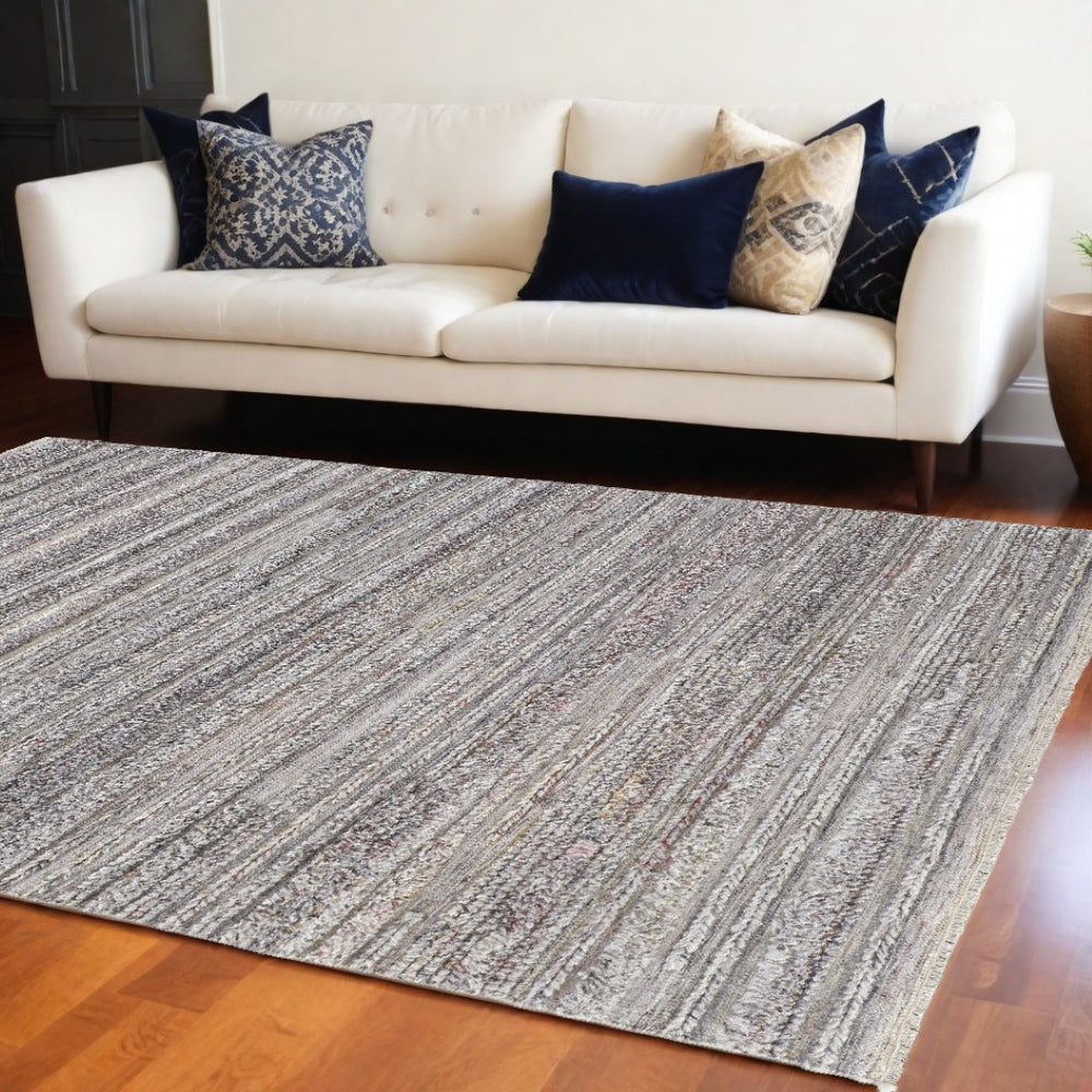 HomeRoots 10' Ivory and Gray Striped Shag Area Rug - Hand-Woven Luxury for Cozy Living Spaces, Durable & Stylish 10' X 14' 512722