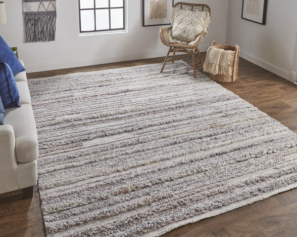 HomeRoots 10' Ivory and Gray Striped Shag Area Rug - Hand-Woven Luxury for Cozy Living Spaces, Durable & Stylish 10' X 14' 512722