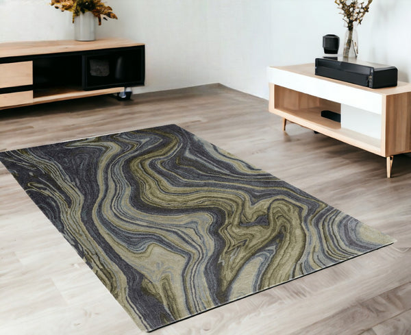HomeRoots 4' Abstract Area Rug in Blue and Green – Hand-Tufted Wool Blend for Cozy, Modern Home Decor 4' X 6' 512724