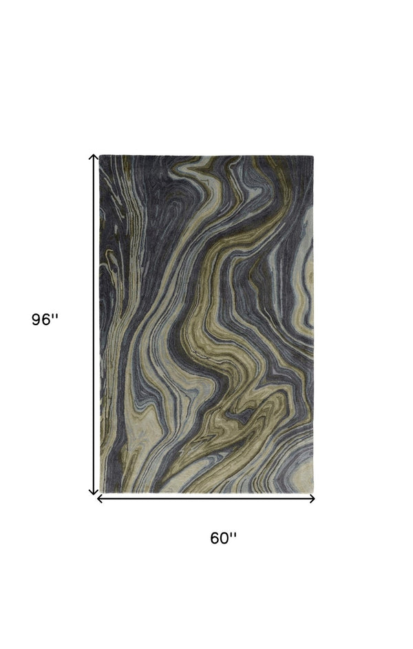 HomeRoots 4' Abstract Area Rug in Blue and Green – Hand-Tufted Wool Blend for Cozy, Modern Home Decor 5' X 8' 512725