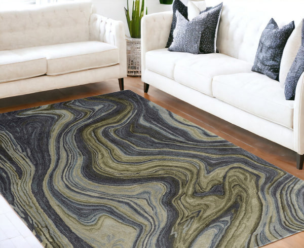 HomeRoots 4' Abstract Area Rug in Blue and Green – Hand-Tufted Wool Blend for Cozy, Modern Home Decor 5' X 8' 512725