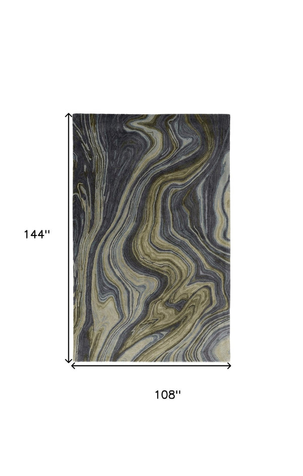 HomeRoots 4' Abstract Area Rug in Blue and Green – Hand-Tufted Wool Blend for Cozy, Modern Home Decor 9' X 12' 512727
