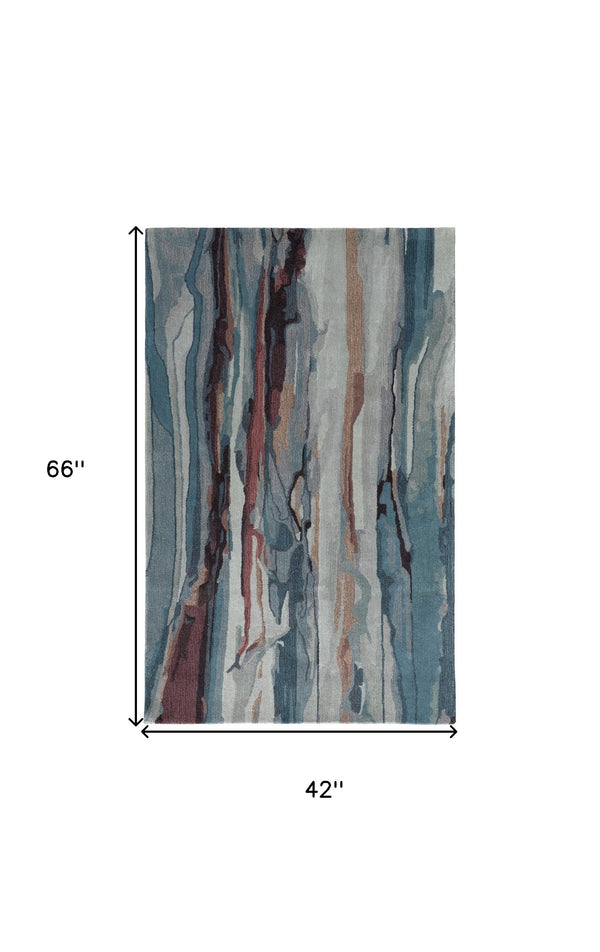 Homeroots 4' X 6' Blue And Orange Wool Abstract Hand Tufted Area Rug Blue,Red,Ivory Wool 512748