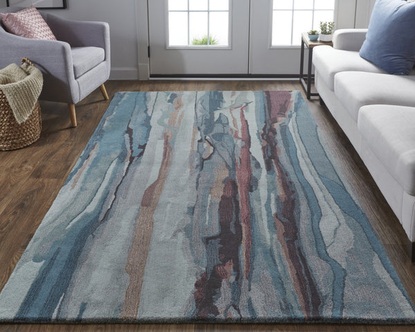 Homeroots 8' X 10' Blue Red And Ivory Wool Abstract Tufted Handmade Stain Resistant Area Rug Blue,Red,Ivory Wool 512750