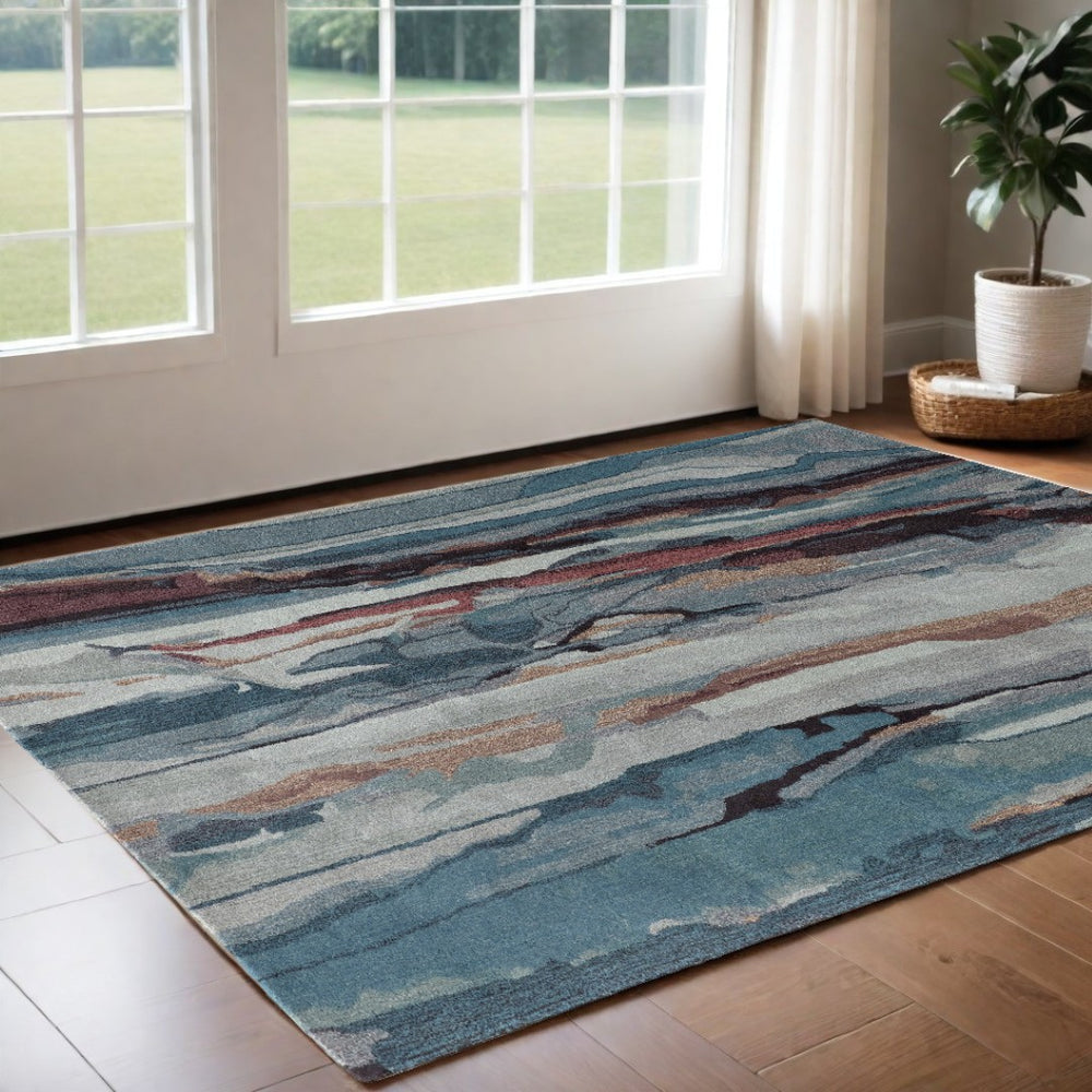 HomeRoots 5' Bold Abstract Hand-Tufted Wool Area Rug in Red, Pink & Blue for Cozy Contemporary Spaces 2' X 3' 512753