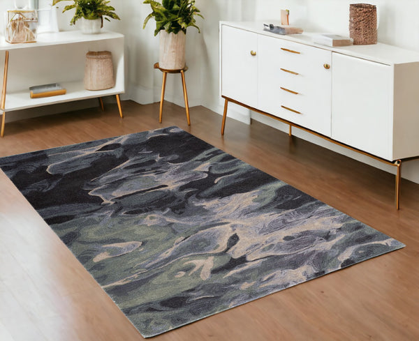 HomeRoots 4' Bold Blue and Black Abstract Hand-Tufted Wool Area Rug for Cozy, Modern Living Spaces 4' X 6' 512754