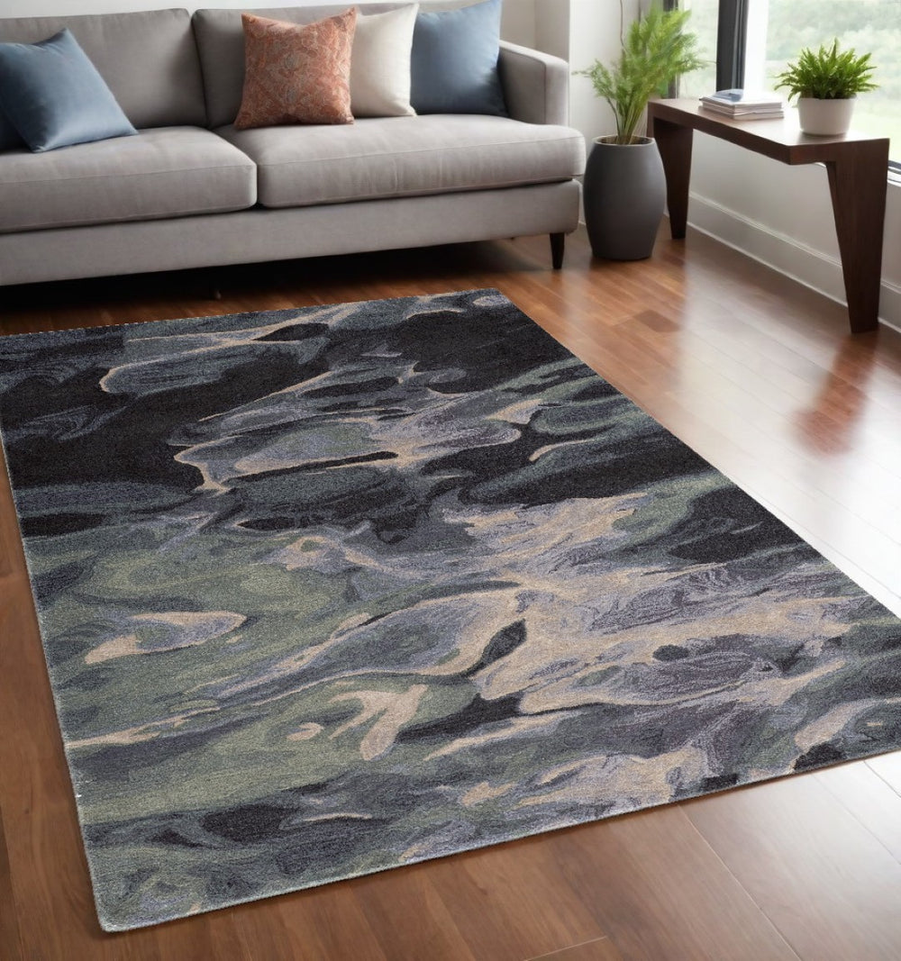 HomeRoots 4' Bold Blue and Black Abstract Hand-Tufted Wool Area Rug for Cozy, Modern Living Spaces 5' X 8' 512755