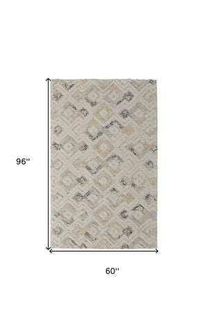 HomeRoots 4' Hand-Tufted Wool Area Rug with Modern Geometric Design in Ivory, Gray, and Black for Any Space 5' x 8' 512761