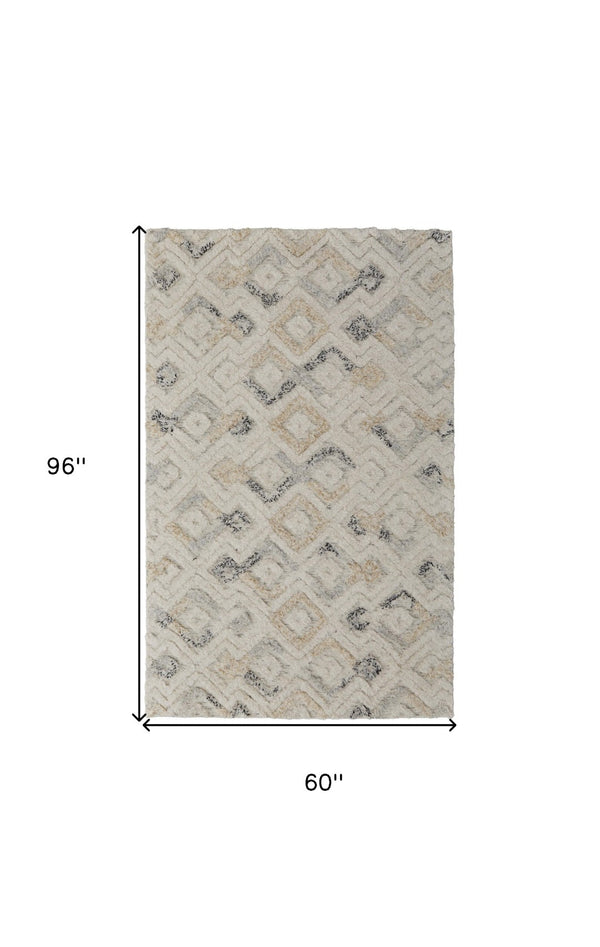 HomeRoots 4' Hand-Tufted Wool Area Rug with Modern Geometric Design in Ivory, Gray, and Black for Any Space 5' x 8' 512761