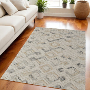 HomeRoots 4' Hand-Tufted Wool Area Rug with Modern Geometric Design in Ivory, Gray, and Black for Any Space 5' x 8' 512761