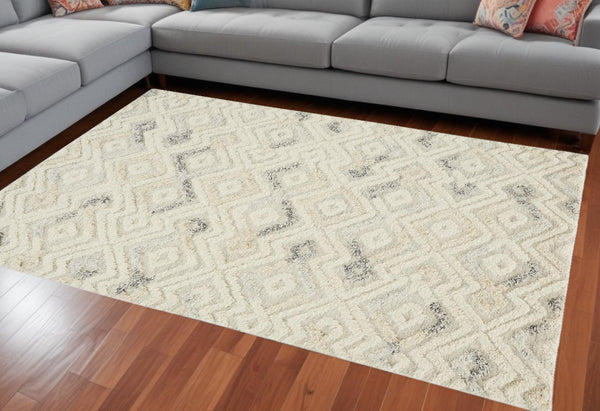 HomeRoots 4' Hand-Tufted Wool Area Rug with Modern Geometric Design in Ivory, Gray, and Black for Any Space 10' X 14' 512764