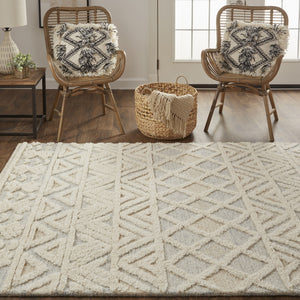 Homeroots 5' X 8' Ivory Blue And Tan Wool Geometric Tufted Handmade Stain Resistant Area Rug  Wool 512768