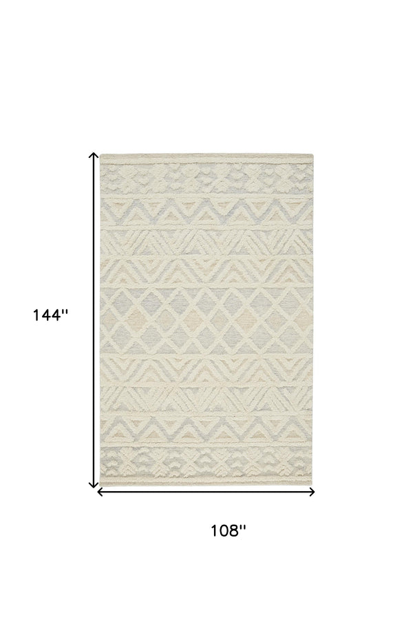 Homeroots 9' X 12' Ivory Blue And Tan Wool Geometric Tufted Handmade Stain Resistant Area Rug  Wool 512770