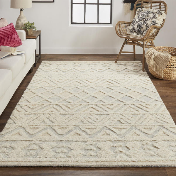 Homeroots 9' X 12' Ivory Blue And Tan Wool Geometric Tufted Handmade Stain Resistant Area Rug  Wool 512770