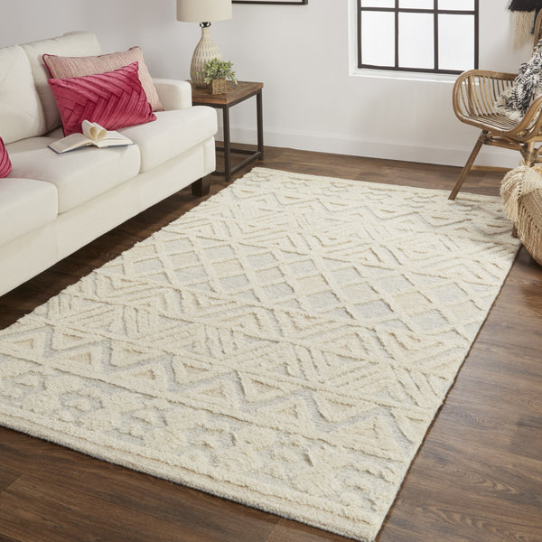 Homeroots 9' X 12' Ivory Blue And Tan Wool Geometric Tufted Handmade Stain Resistant Area Rug  Wool 512770