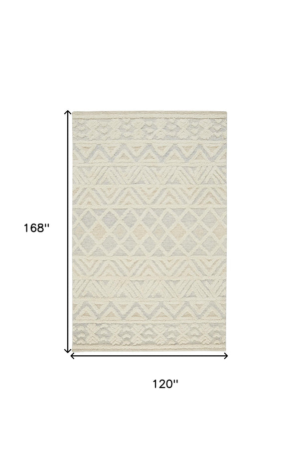 Homeroots 10' X 14' Ivory Blue And Tan Wool Geometric Tufted Handmade Stain Resistant Area Rug  Wool 512771
