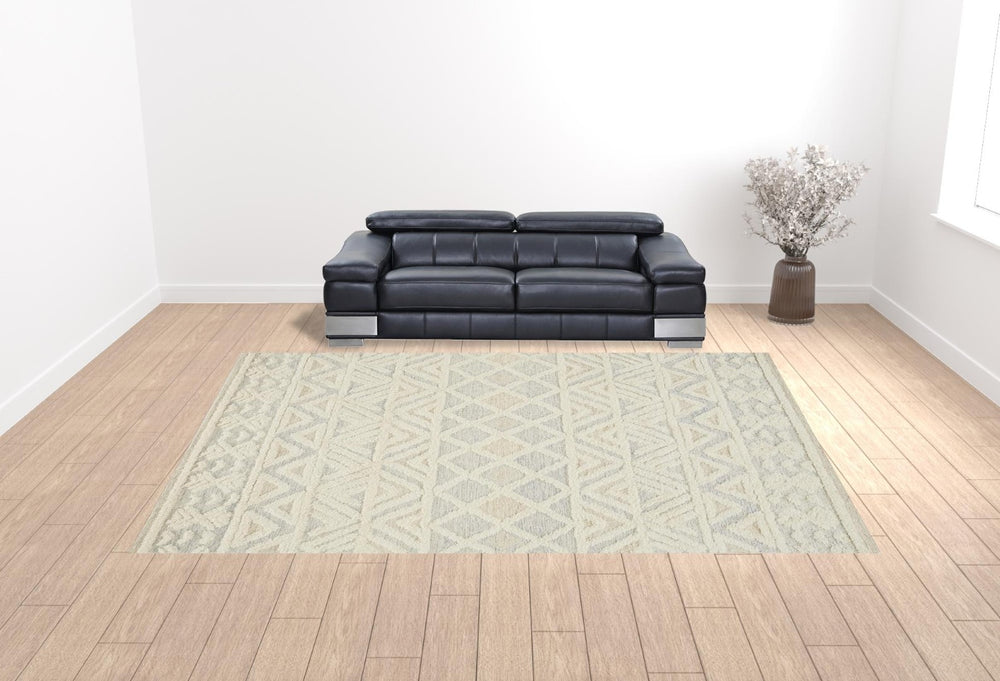 HomeRoots 4' Handmade Wool Area Rug in Ivory, Blue & Tan - Modern Geometric, Stain Resistant, Soft & Durable 12' X 15' 512772