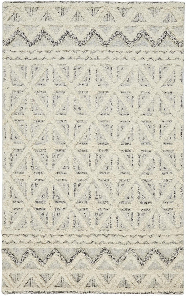 HomeRoots 5' Wool Geometric Tufted Area Rug – Handcrafted Ivory and Black Design, Stain Resistant Texture 5' X 8' 512782
