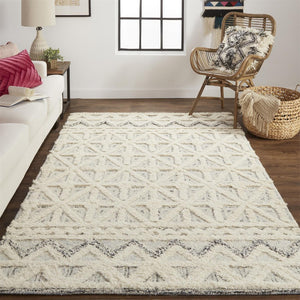 HomeRoots 5' Wool Geometric Tufted Area Rug – Handcrafted Ivory and Black Design, Stain Resistant Texture 5' X 8' 512782