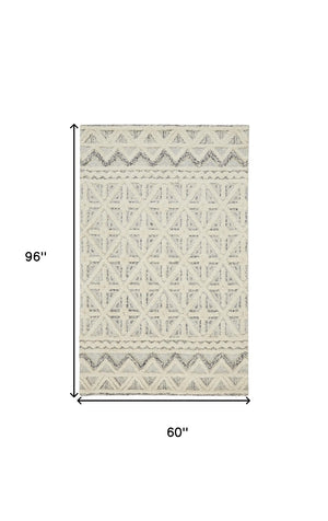 HomeRoots 5' Wool Geometric Tufted Area Rug – Handcrafted Ivory and Black Design, Stain Resistant Texture 5' X 8' 512782
