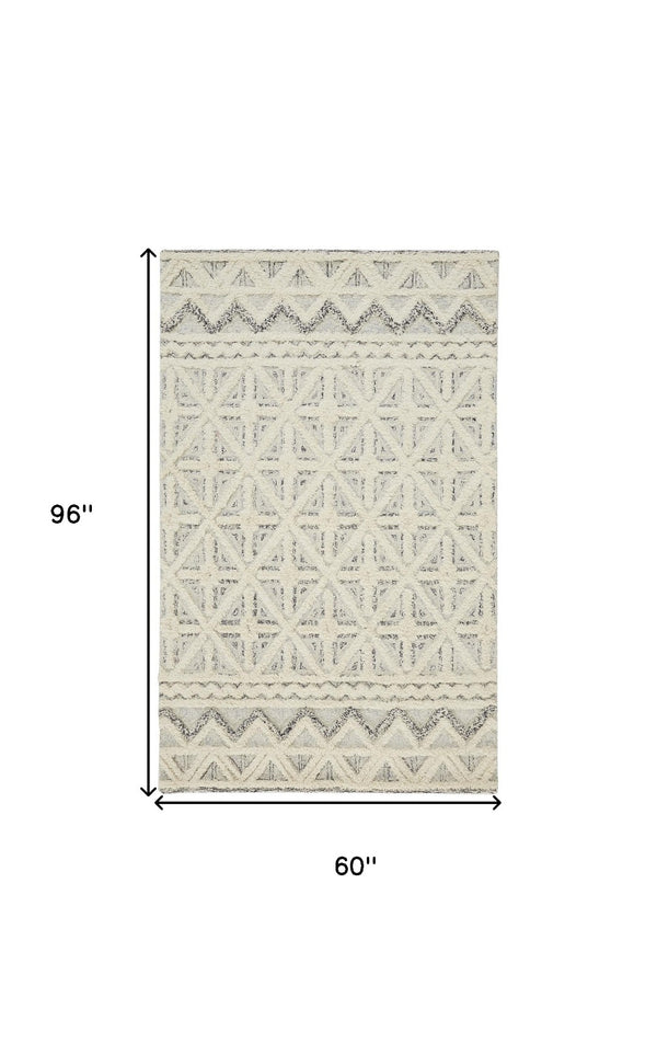 HomeRoots 5' Wool Geometric Tufted Area Rug – Handcrafted Ivory and Black Design, Stain Resistant Texture 5' X 8' 512782