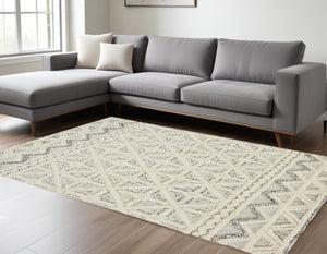 HomeRoots 5' Wool Geometric Tufted Area Rug – Handcrafted Ivory and Black Design, Stain Resistant Texture 8' X 10' 512783