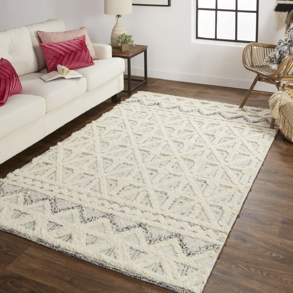 HomeRoots 5' Wool Geometric Tufted Area Rug – Handcrafted Ivory and Black Design, Stain Resistant Texture 10' X 14' 512785